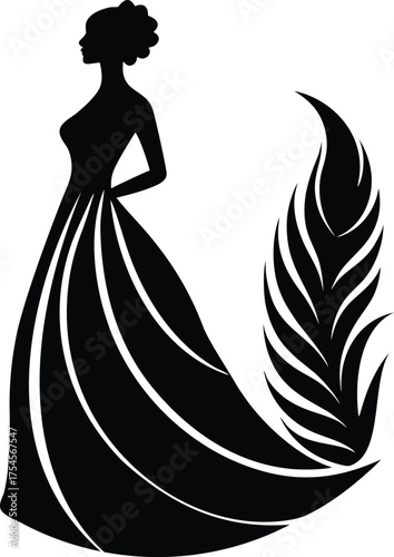 Elegant silhouette of a woman in a flowing gown with a large feathe