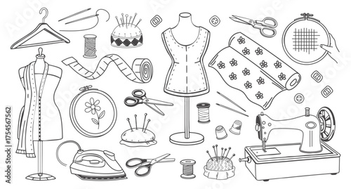 =	
Hand drawn sewing set. Collection of tools for sewing and tailoring. Sewing mannequin, machine, cutting accessories	
