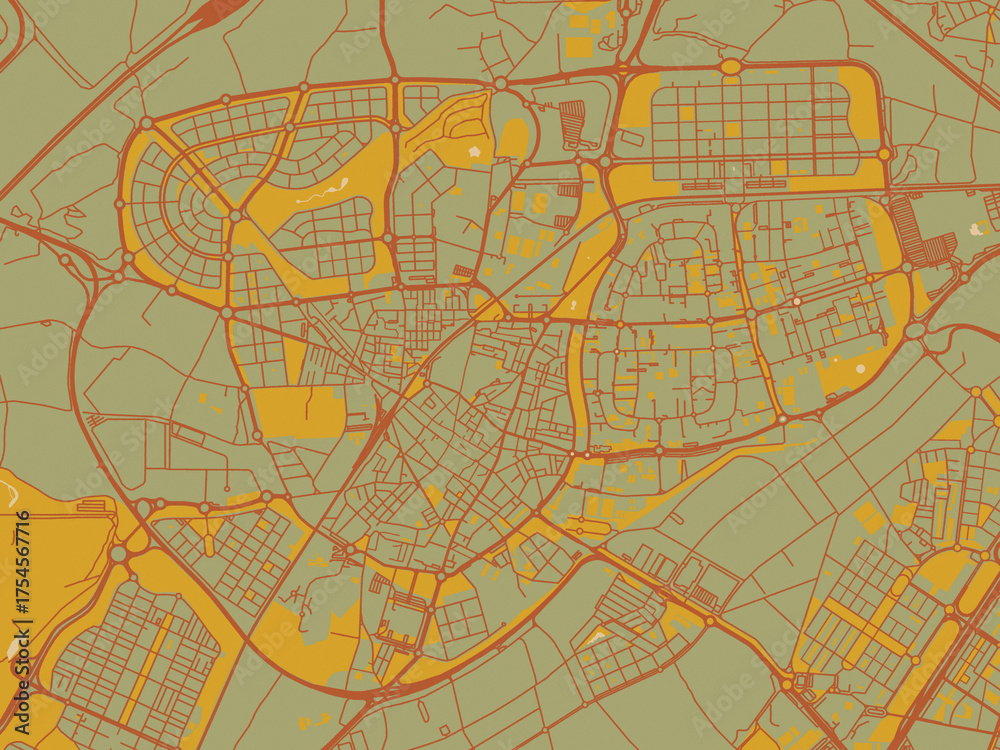 Fototapeta premium Stylized minimalist map of Leganes, Spain in sage/olive tone field with rust networks and ochre shapes, cream water.