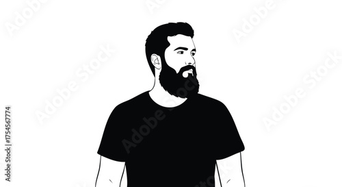 A minimalist black and white illustration of a man with a full beard wearing a black t-shirt, looking to the right.