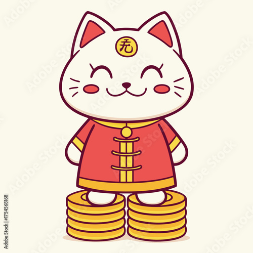 Cute cartoon lucky cat with a traditional outfit stands on piles of gold coins for good fortune