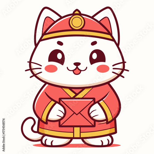 Cute cartoon cat character dressed in traditional attire holding a letter, symbolizing communication and greetings