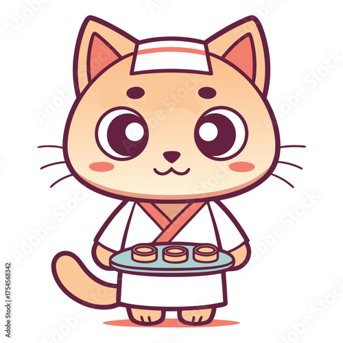Charming illustration of a kawaii feline chef wearing a white hat and uniform, holding a platter of appetizing small round food items, a delightful character for cooking concepts