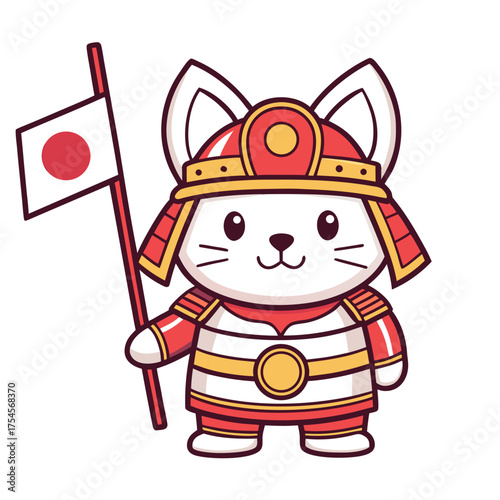 Japanese Samurai Cat Holding a Flag Representing Japan in a Charming Cartoon Illustration