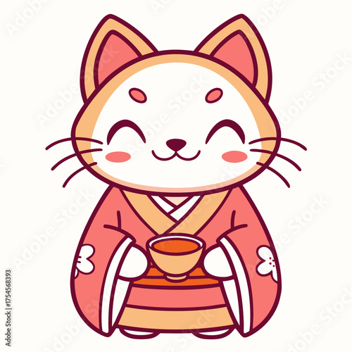 Charming Cartoon Cat in Kimono Holding a Tea Cup A Whimsical Illustration
