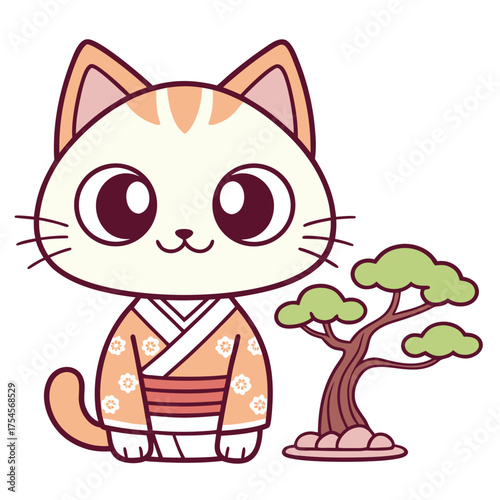 Adorable Feline in Kimono with Bonsai Tree A Touch of Japanese-Inspired Serenity
