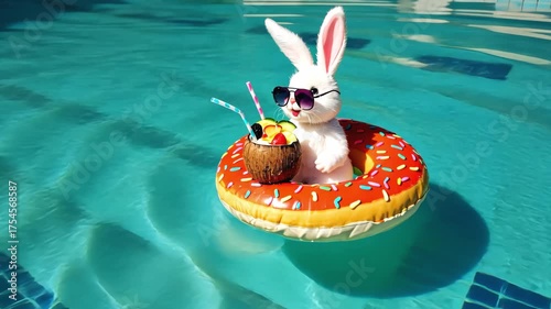 Cheerful bunny with glasses with cocktail and inflatable circle in pool Holidays concept