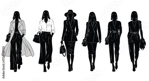 A collection of six black and white fashion illustrations showcasing elegant women's business attire, including trench coats, suits, and tailored pantsuits.