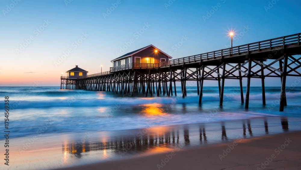 Obraz premium Captivating sunset over ocean waves pier structure beach tranquil evening coastal view nature's beauty