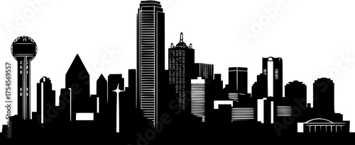 
Dallas skyline silhouette. This image features a black silhouette of Dallas city skyline, highlighting its iconic architecture, skyscrapers, and urban landscape. Vector clipart illustration design