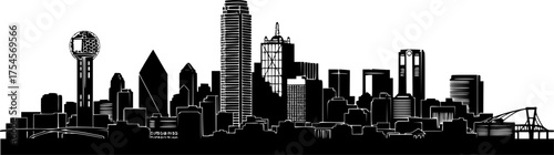 
Dallas skyline silhouette. This image features a black silhouette of Dallas city skyline, highlighting its iconic architecture, skyscrapers, and urban landscape. Vector clipart illustration design