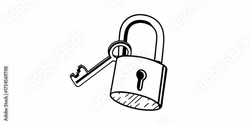 Illustration of a padlock with a key inserted, drawn in black and white with simple line work