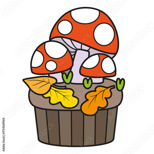 Biscuit cake with Halloween poisonous fly agaric mushrooms decoration on white background