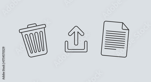 Three outline icons: a trash can, an upload symbol, and a document, arranged horizontally on a gray background.