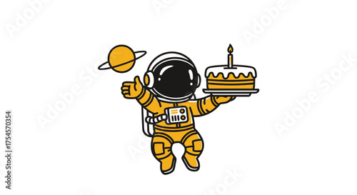 Astronaut in yellow suit joyfully presents a delightful birthday cake with a lit candle, floating in a whimsical cosmic setting, celebrating a stellar space event