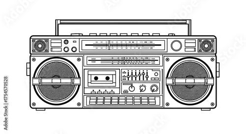 A detailed illustration of a vintage boombox with dual speakers, cassette deck, radio tuner, and equalizer controls, presented in a clean, black and white line art style.