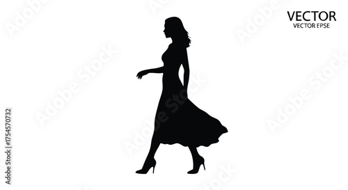 Silhouette of a woman in a flowing dress walking gracefully with high heels.