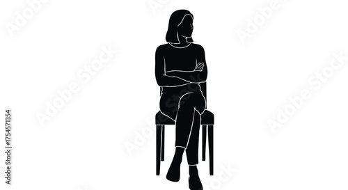 Silhouette of a woman sitting with arms crossed on a chair, a minimalistic illustration