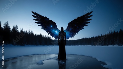 A celestial being with wings of cosmic nebulae stands silently on a frozen lake under a starry night sky.