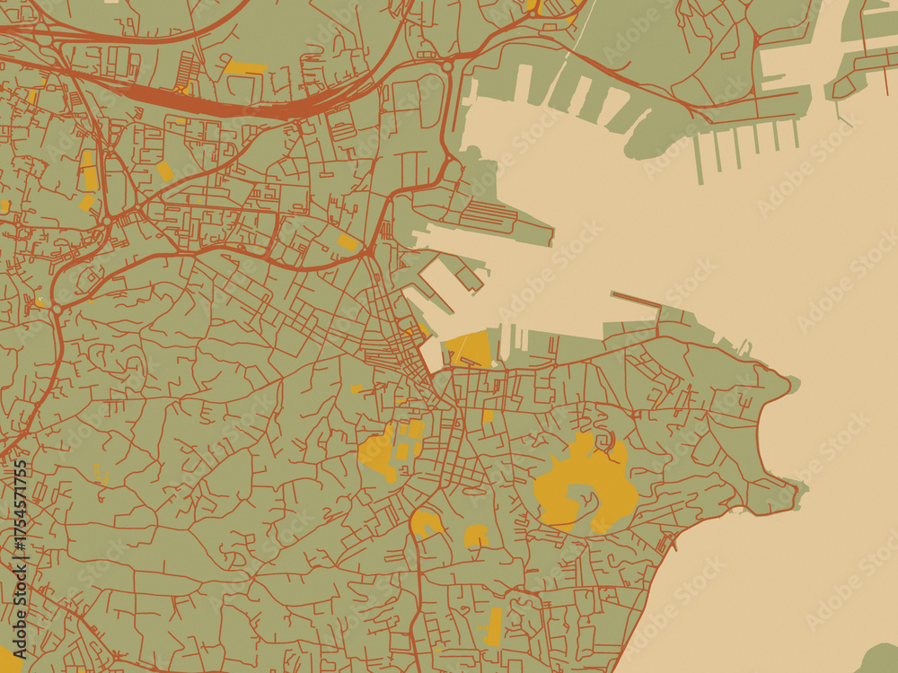 Naklejka premium Minimalist flat city map of La Seyne-sur-Mer, France with earthy sage background with rust roadways and ochre details.