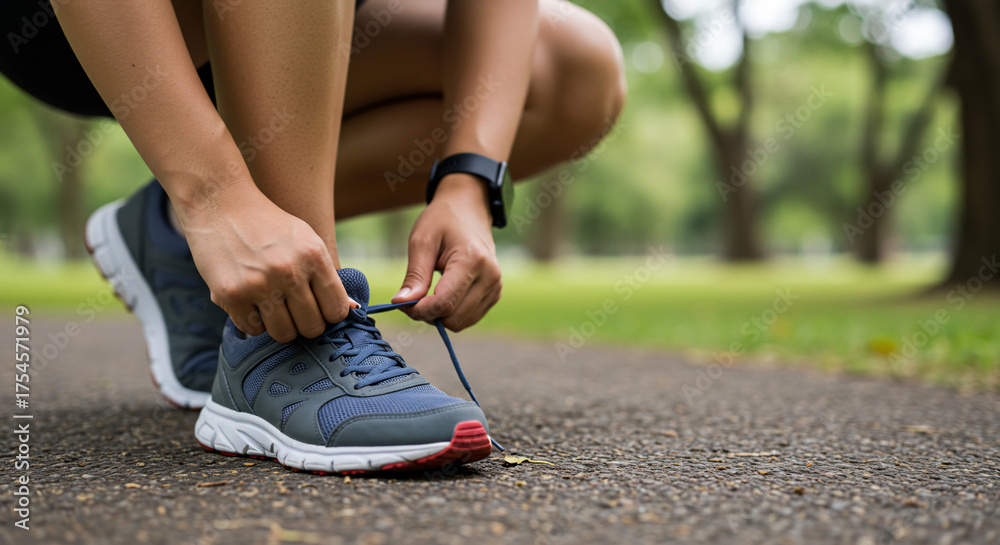 Fototapeta premium Closeup of a woman tying her shoelaces while squatting in a park