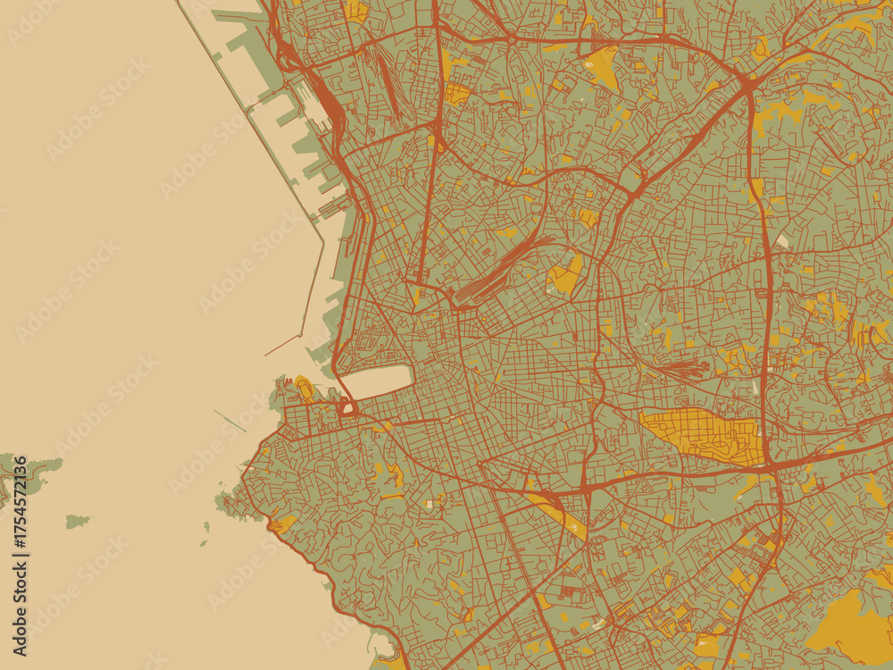 Fototapeta premium Flat painterly map of Marseille, France in sage/olive tone field with rust networks and ochre shapes, cream water.