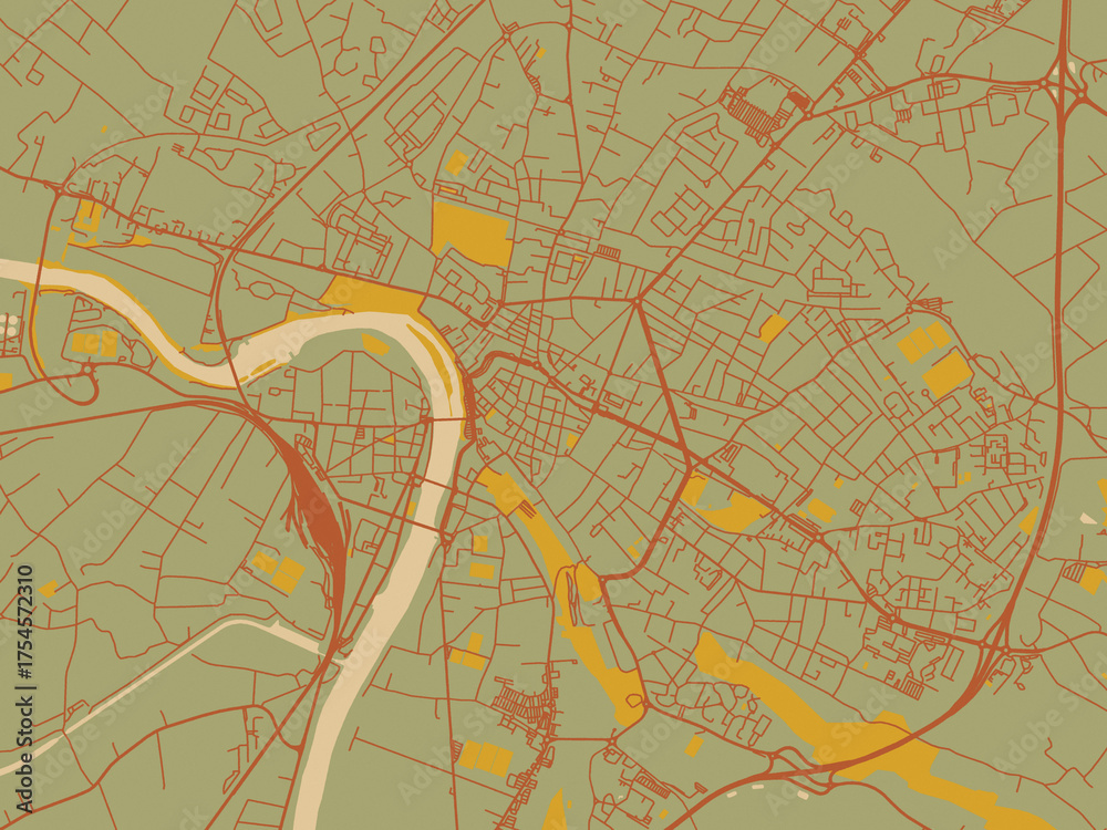 Obraz premium Poster-ready flat map of Montauban, France, sage green ground with rust-red roads and ochre accents.
