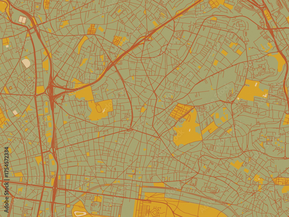 Fototapeta premium Decorative flat city map of Montreuil, France using sage green ground with rust-red roads and ochre accents.