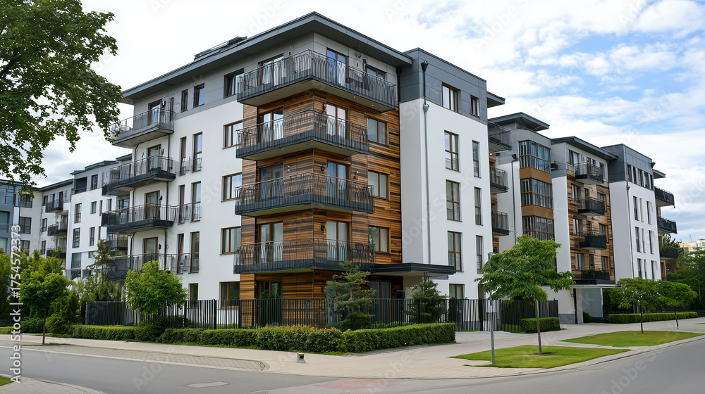 Fototapeta premium Elegant Multi-Story Apartment Building in Urban Area