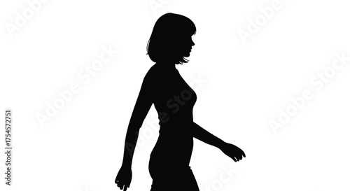 Silhouette of a woman walking in profile, isolated against a bright white background