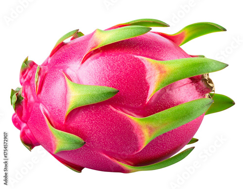 Whole Dragon Fruit with Pink Skin and Green Scales, isolated on a transparent background.