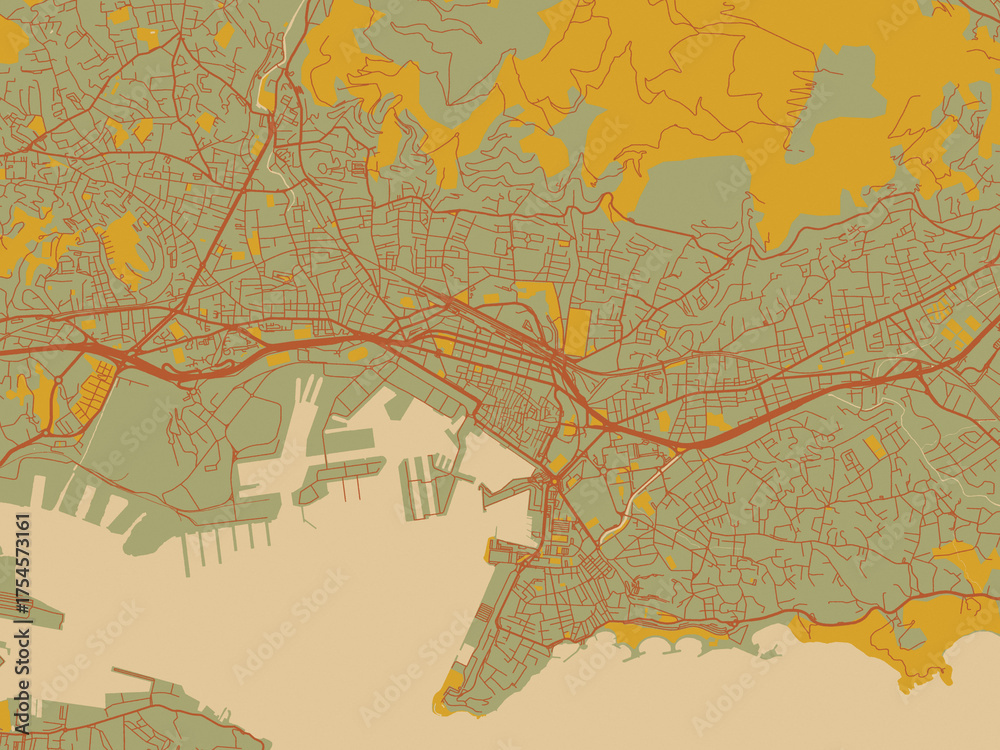 Fototapeta premium Abstract flat-design map of Toulon, France, featuring sage green ground with rust-red roads and ochre accents.