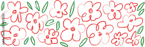 Whimsical hand-drawn flowers and leaves design with colorful crayon strokes white background flower, floral, design, pattern, hand-drawn, crayon, doodle, sketch, drawing, art, artwork, creative, whims