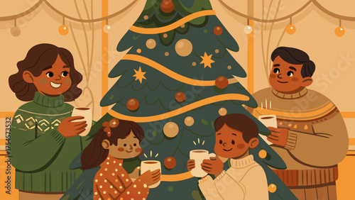 A family enjoying hot beverages around a decorated christmas tree with lights and ornaments in a cozy room silhouette