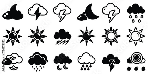 Collection of hand drawn weather icons representing sun clouds rain lightning and moon