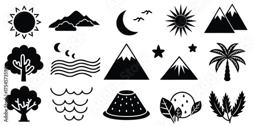 Collection of simple black and white icons representing nature elements and celestial bodies