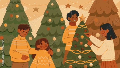 A family decorating christmas trees with ornaments and a star topper in a festive holiday scene setting silhouette