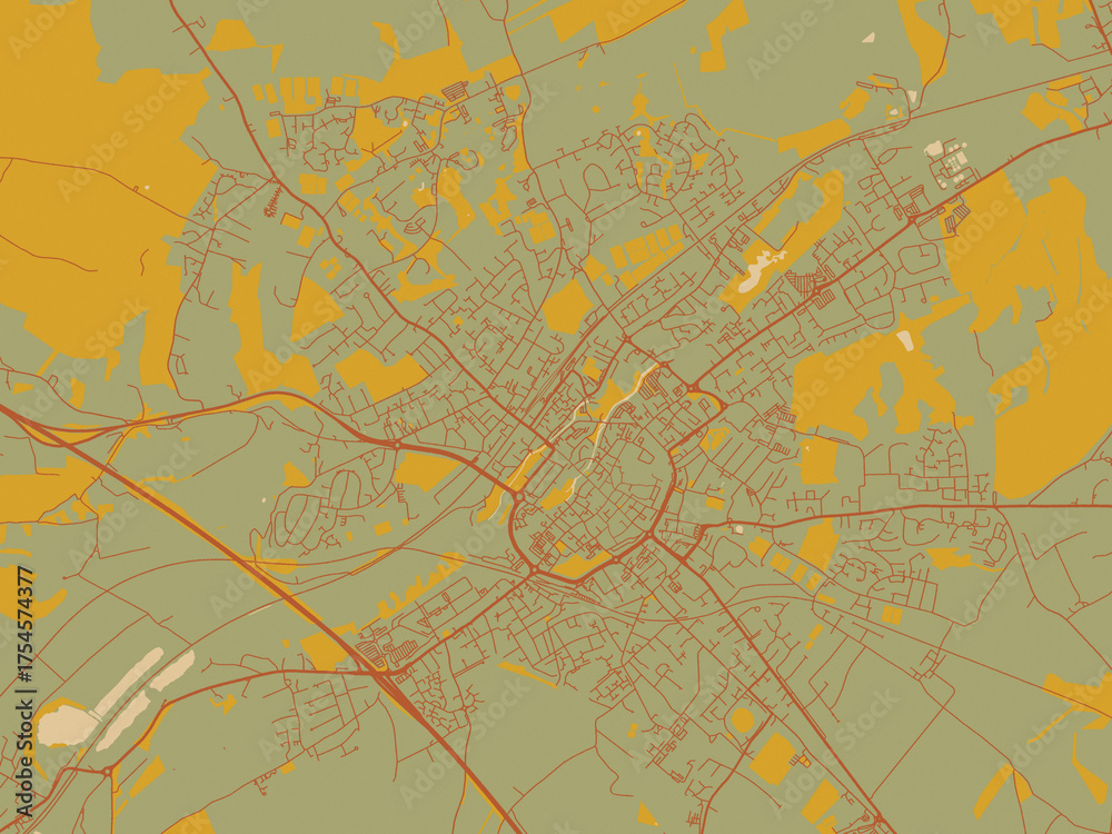 Fototapeta premium Contemporary flat map of Canterbury, United Kingdom design with sage green ground with rust-red roads and ochre accents.