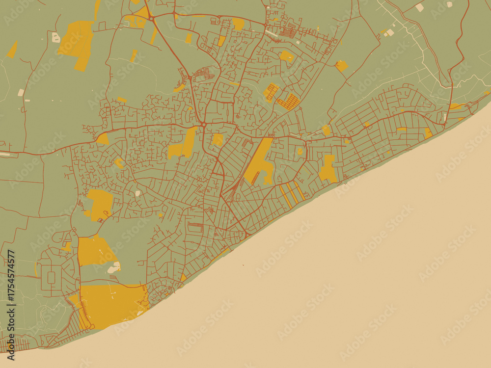 Fototapeta premium Minimalist flat city map of Clacton-on-Sea, United Kingdom with earthy sage background with rust roadways and ochre details.
