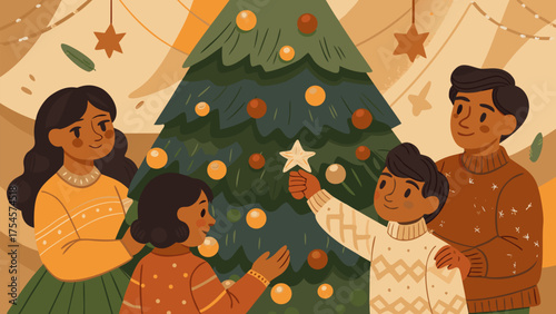 A family decorates a christmas tree with ornaments and a star topper in a festive and cozy setting indoors silhouette