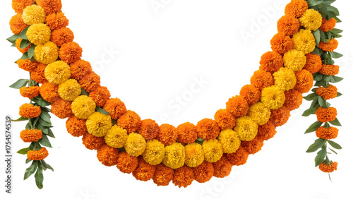 Marigold flower garland, realistic texture and color, traditional Indian decoration for Diwali, 