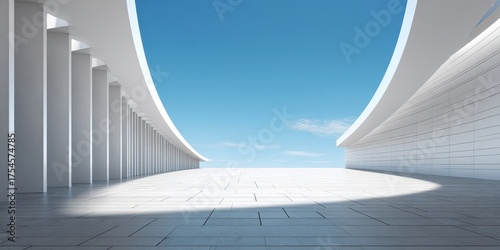 Expansive modern plaza with white curved walls and columns under a clear blue sky