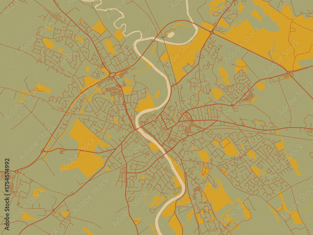 Obraz premium Contemporary flat map of Dumfries, United Kingdom design with muted sage base, rust-colored roads, and soft ochre highlights.