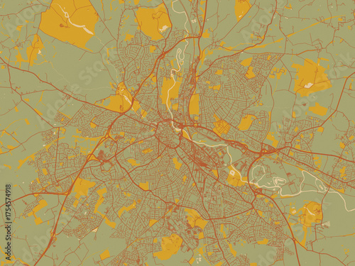 Contemporary flat map of Derby, United Kingdom design with muted sage base, rust-colored roads, and soft ochre highlights.
