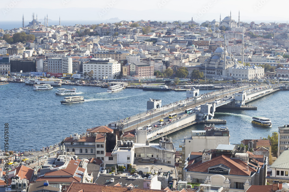 Obraz premium View from the top of galata tower on Golden Horn and Bosporus, Istanbul, Turkey