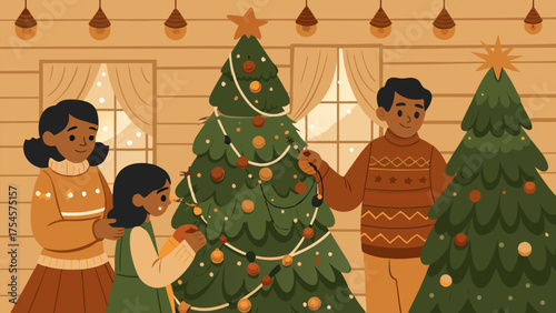 A family decorates christmas trees with ornaments and string lights in a cozy home setting together happily silhouette