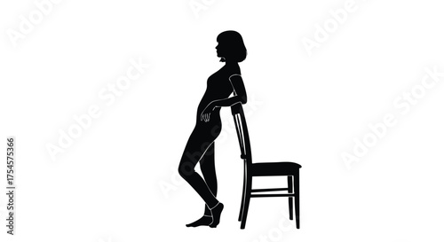 Silhouette of a woman leaning on a chair, captured in a minimalist black and white illustration, conveying a sense of calm and contemplation