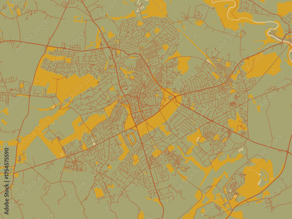 Fototapeta premium Vector-style flat map of Harrogate, United Kingdom with muted sage base, rust-colored roads, and soft ochre highlights.