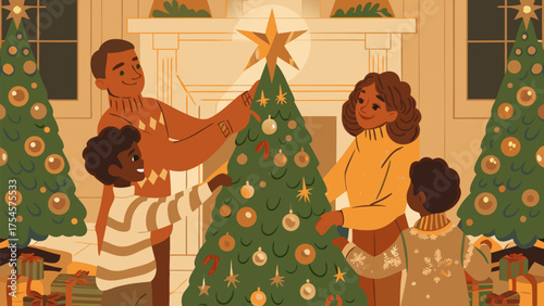 A family decorates a christmas tree with ornaments and a star topper in a cozy living room setting indoors silhouette