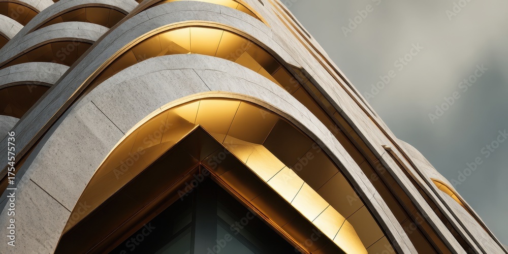 Fototapeta premium Dramatic Golden Curves and Stone Facade of Modern Architecture